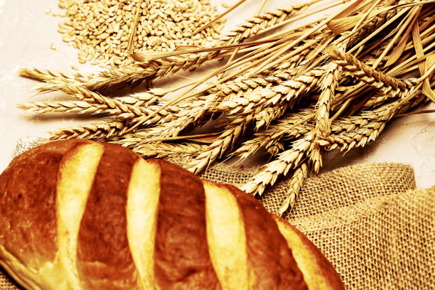 用粗麻布和麦穗做成的面包图片下载