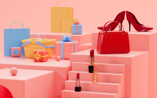 高跟鞋和口红，礼物和手提包在粉红色的舞台上，3d渲染。图片下载