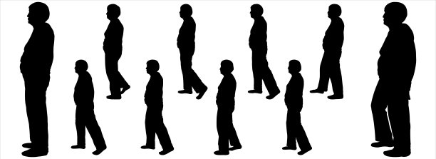 一个角色适合动画。体育和老年人。侧视图。黑色的轮廓被孤立在白色上。一位老妇人从左往右走。女人排成一排，一个接着一个。图片下载