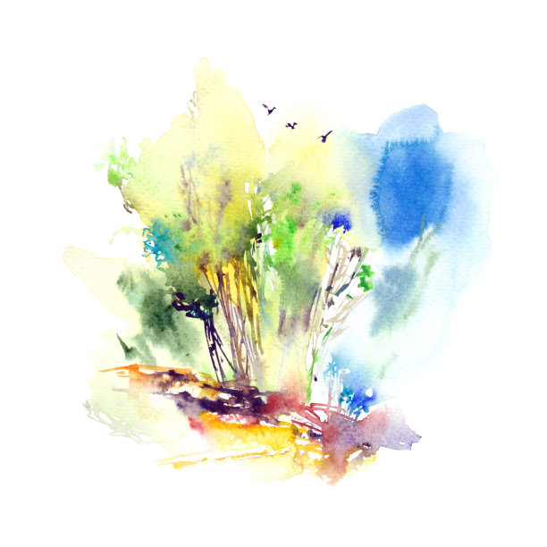 水彩抽象的景观。春天。阳光穿过树林。画森林。图片下载