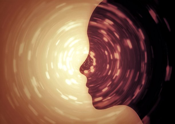 一个人的侧面轮廓和旋转光的3D插图图片下载