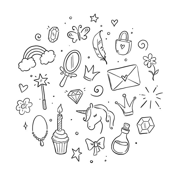 手绘公主涂鸦集。美丽可爱的女孩公主配件，童话独角兽，城堡。涂鸦背景。图片下载