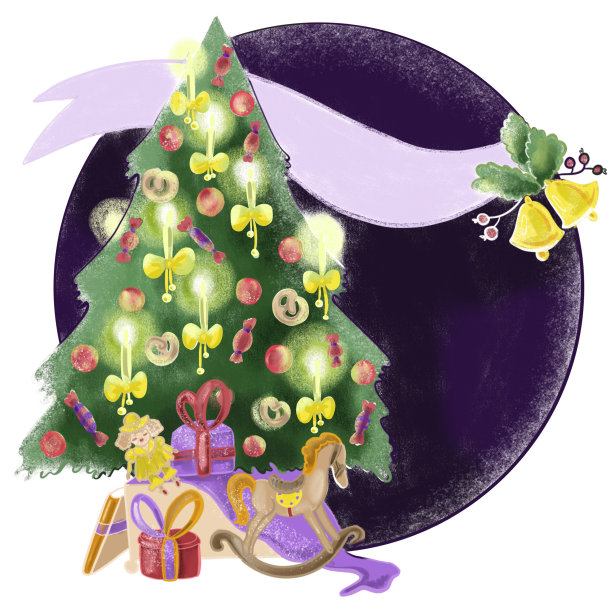 插画、蜡笔、可爱、孩子气的风格的新年贺卡与大圣诞树和礼物许多玩具的地方祝贺图片下载