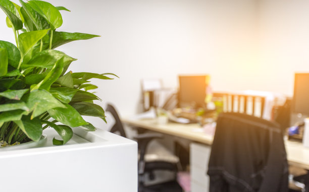 模糊散景背景的现代商务办公室。桌子,椅子,电脑。图片下载