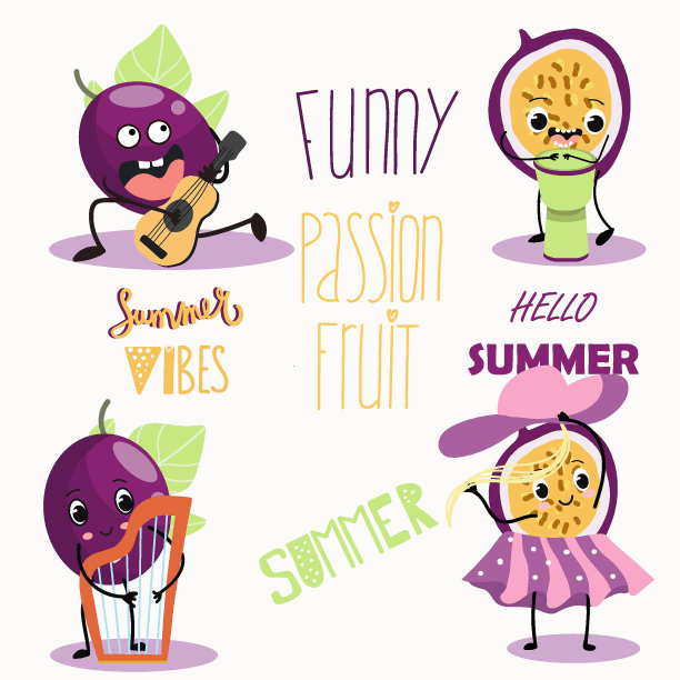 集合向量插图有趣的百香果，卡通人物，与乐器，百香果女孩，文字。图片下载