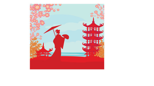 抽象的亚洲景观和一个行走的艺妓图片下载