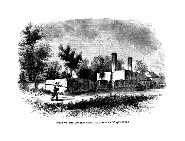 毁坏的温室和仆人的住处;乔治·华盛顿修复前的弗农山庄草图;摘自1858年哈珀的新月刊图片下载