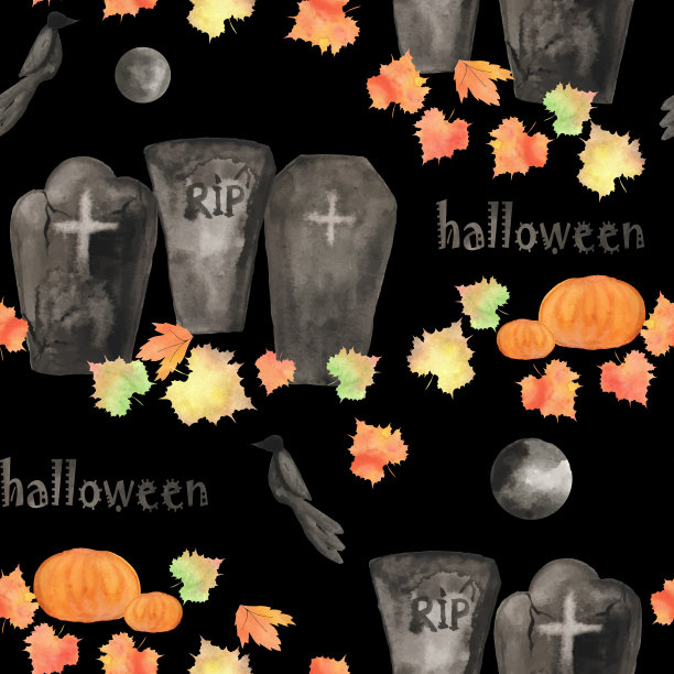万圣节水彩秋天无缝图案南瓜满月墓碑和乌鸦落叶手绘插图图片下载