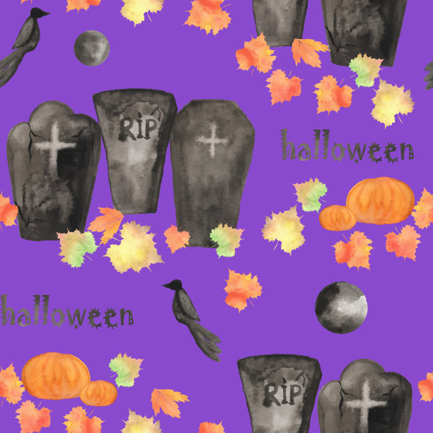 万圣节水彩秋天无缝图案南瓜满月墓碑和乌鸦落叶手绘插图图片下载