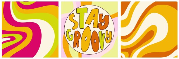 雏菊花，迷幻groovy海报设置印刷设计报价。迷幻嬉皮groovy打印。模板海报矢量插图。摘要向量模式。波浪漩涡，棋盘格，紧色图片下载