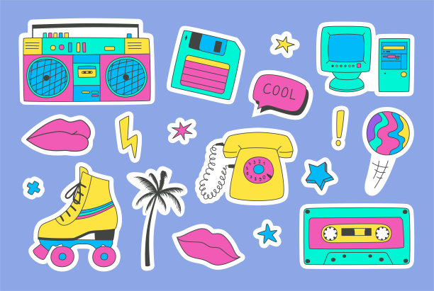 一套90年代的贴纸元素。图片下载