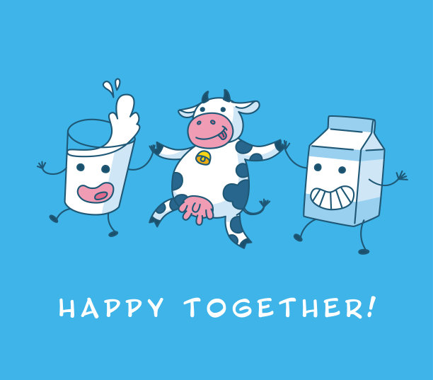 奶牛和牛奶玻璃和牛奶盒字符一起跳舞矢量插图。有趣的卡通表情符号矢量图形绘制图片下载