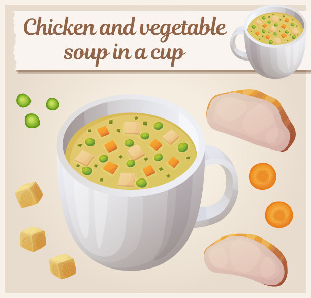鸡肉蔬菜汤杯中有卡通图标。鸡肉块，青豆，胡萝卜块和面包丁矢量插图。第一道菜，食材齐备图片下载