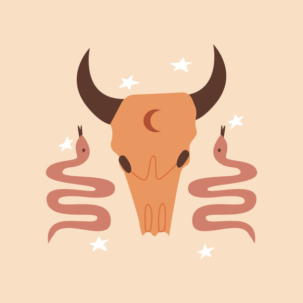 在孤立背景上有公牛头骨和蛇的西方矢量插图图片下载