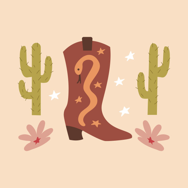 西部矢量插图与牛仔靴，花和仙人掌在孤立的背景图片下载