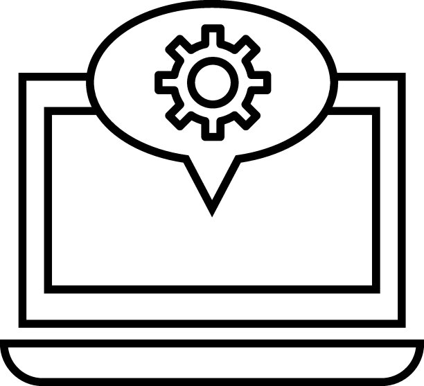 计算机、互联网和通信的概念。现代单色标志在平面风格。适用于网站，商店，书籍等。笔记本电脑显示器上语音气泡内齿轮的线条图标图片下载