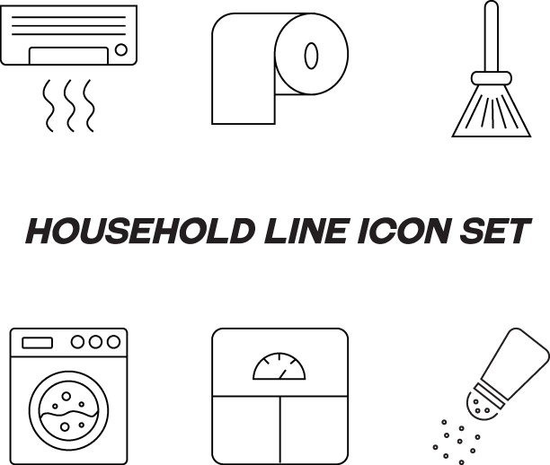 家居和日常生活观念。收集现代轮廓单色图标在平面风格。线条图标套装空调、卫生纸、扫把、洗衣机、盐瓶、浴室秤图片下载