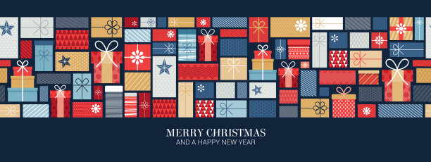 复古70年代异想天开的圣诞手绘礼盒矢量无缝图案边界图片下载