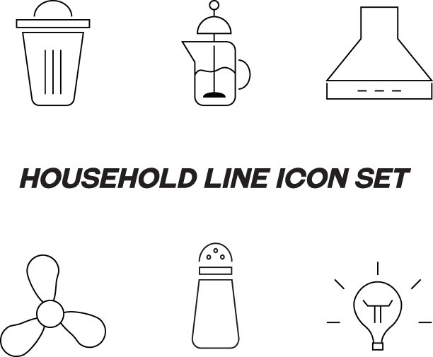 家居和日常生活观念。收集现代轮廓单色图标在平面风格。线条图标集垃圾桶，法式压壶，灶台，通风机，盐瓶，灯泡图片下载