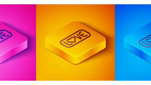 等距线爱文字图标孤立的粉红色和图片下载