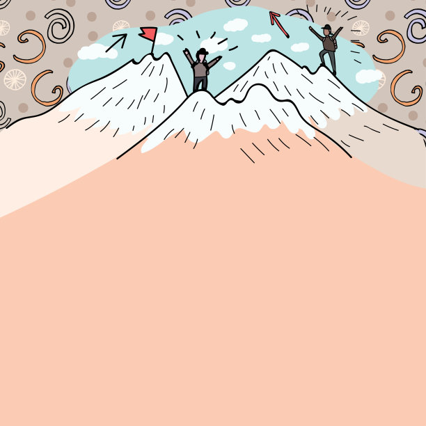 在有雪的山顶上徒步的男子下面呈现的信息。两名徒步旅行者在悬崖上攀登以达到一个目标。攀登者在乌云的背景下向上攀登。图片下载