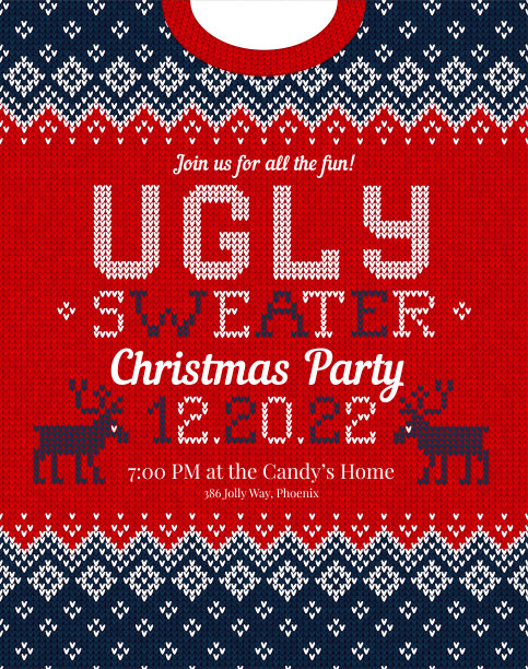 丑毛衣圣诞派对邀请。针织背景图案斯堪的纳维亚装饰。图片下载