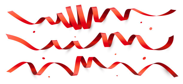 向量假日插图卷曲的红色丝带与阴影在白色背景。创造性的现实主义风格设计卷曲的红色丝带与五彩纸屑图片下载