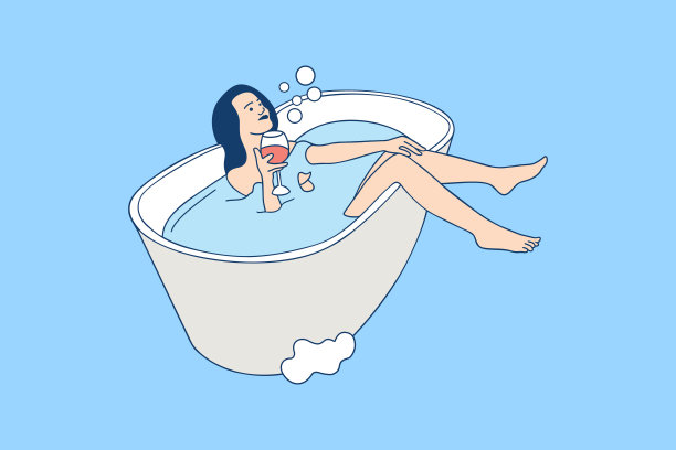 美丽的年轻女人在浴缸里放松的泡泡和喝葡萄酒的插图图片下载