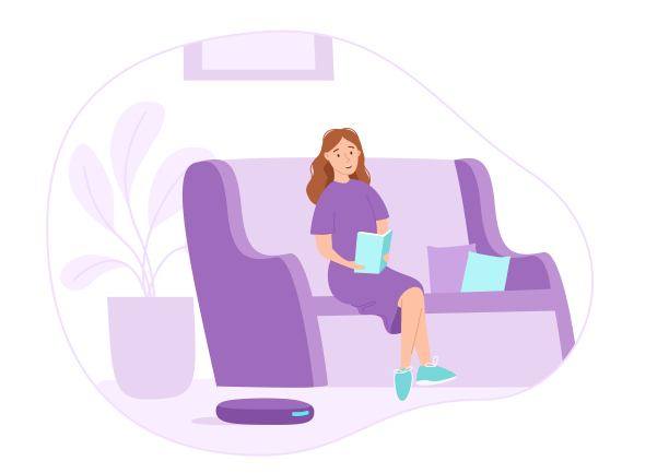 机器人吸尘器在打扫房间，而女人在沙发上休息。舒适的客厅。矢量插图。物联网概念图片下载