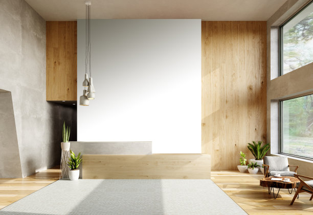 室内现代客厅工作室与模拟大图片。三维渲染图片下载