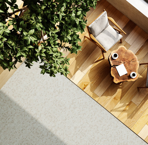 一个现代起居室工作室的内部，有一张咖啡桌和舒适的扶手椅。前视图。3 d渲染。图片下载