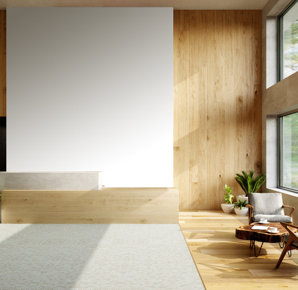 3D渲染现代客厅工作室的室内，带有模拟的大图。图片下载