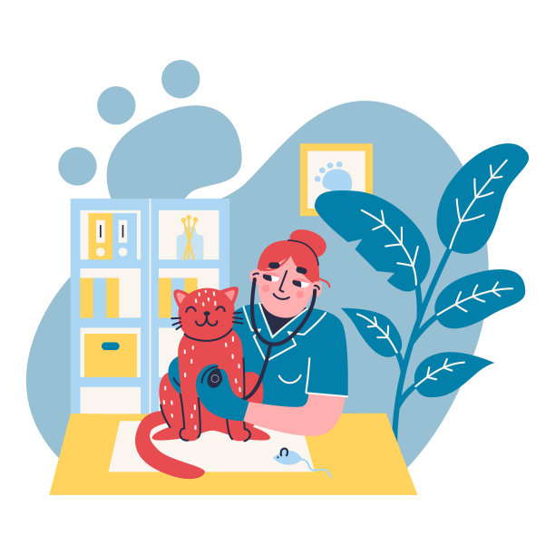 兽医与猫。微笑的女兽医。卡通兽医和猫。矢量图图片下载