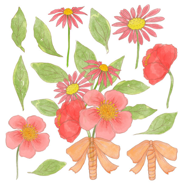 美丽的花束和离开水彩风格图片下载