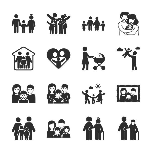 家庭的图标集。人家人在一起伤害时间。父母和孩子。家庭价值观。单色黑白图标。图片下载