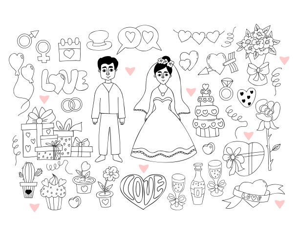 婚礼上的涂鸦。新婚夫妇，穿着婚纱的新娘和新郎，礼物和结婚戒指，性别标志，婚礼蛋糕，新娘花束，心和玫瑰。孤立向量线性手绘图图片下载
