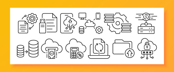 文档管理设置图标。云存储设置，访问，锁，文件夹，备份文件，计算器，会计，数据库，齿轮，电话，闪存驱动器。经营理念。矢量线图标广告图片下载