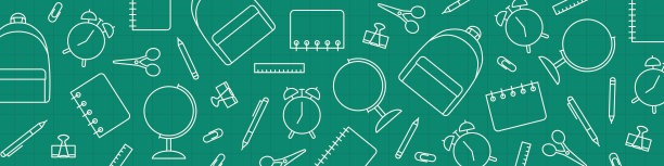 回到学校旗帜，闹钟，尺子，剪刀，夹子，钢笔，铅笔，笔记本，剪刀，背包和地球仪图案图片下载