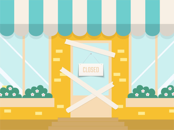 关门的商店或餐馆。卡通锁店门。建筑物门面用胶布封住。入口处交叉的彩带。破产的咖啡馆或酒吧。城市的房子外。矢量图图片下载