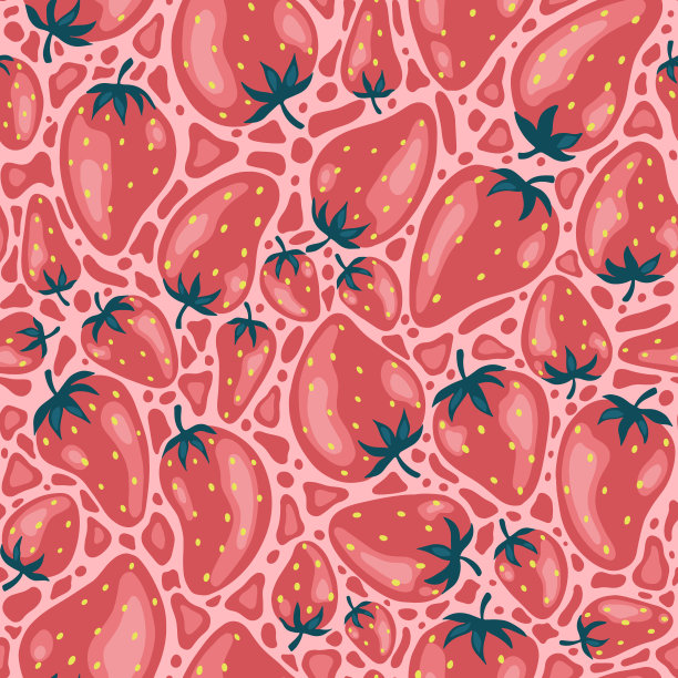 卡通鲜艳的草莓无缝图案。向量背景新鲜农场有机浆果用于杂志，书，卡片，菜单封面，网页。图片下载