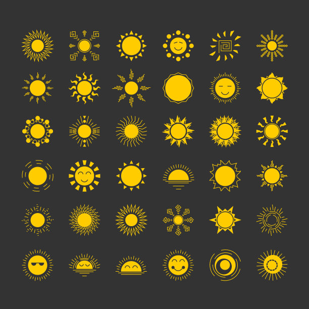 太阳标志设置黄色孤立在黑色背景的旅游标志类型图片下载