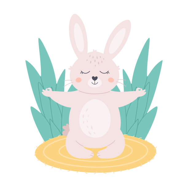 可爱的小白兔摆莲花姿势冥想。动物瑜伽，放松，冥想。世界瑜伽的一天。手绘矢量插图图片下载