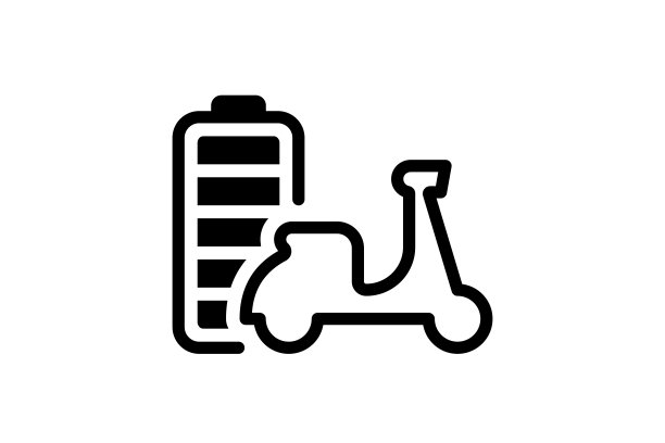 电动滑板车充满电后电池电量指示黑色线性图标。电动运输助力车蓄电池充电器符号。电充电摩托车。环保电动汽车运输充电图片下载