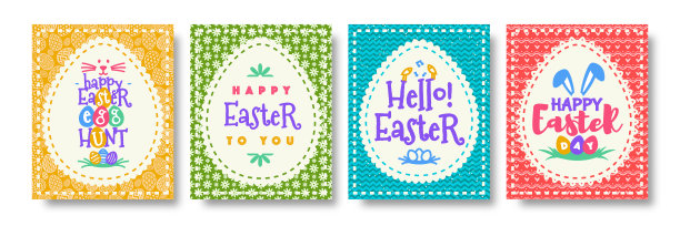 复活节快乐贺卡设置彩色风格印刷的愿望图片下载