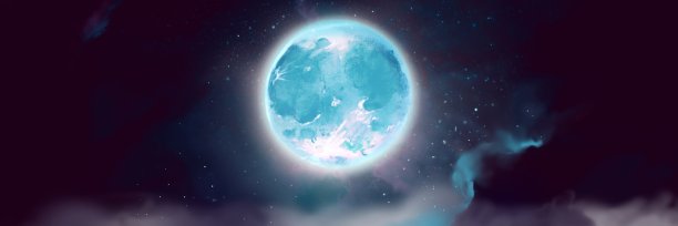 一个浅蓝色怪异的满月在夜空中明亮地照耀着，宽尺寸的景观插图。图片下载