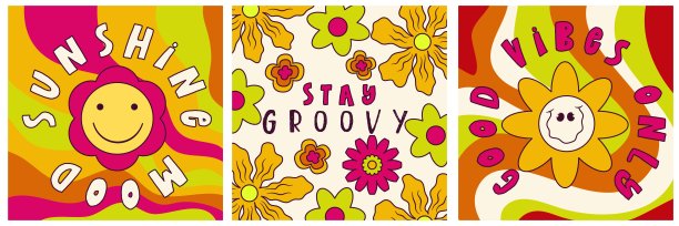 雏菊花，迷幻groovy海报设置印刷设计报价。迷幻嬉皮groovy打印。模板海报矢量插图。摘要向量模式。波浪漩涡，棋盘格，紧色图片下载