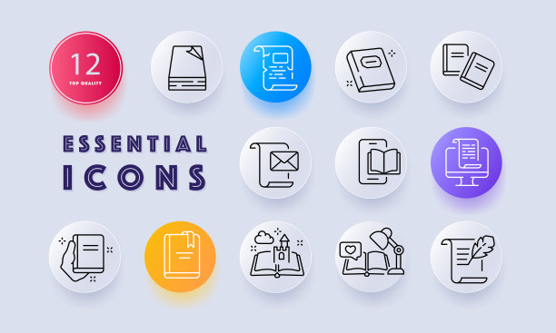 小说设置图标。书，作家，卷轴，信件，电话，电子书，电脑，故事，童话，童话城堡，台灯，阅读，爱好，职业。阅读的概念。新生变形。矢量线图标的业务图片下载