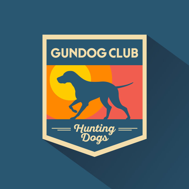 狗俱乐部会徽。盾上的猎犬符号与日出。狗粮和狗粮的标志。图片下载