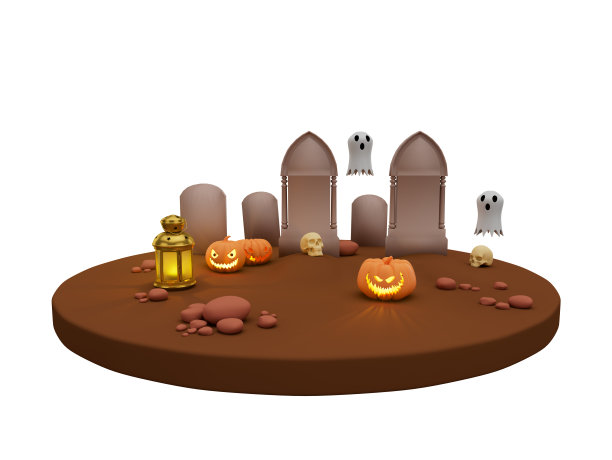 3d插画万圣节南瓜灯，墓碑和白色幽灵，万圣节背景场景设计元素图片下载