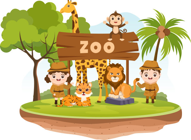 动物园卡通与野生动物大象长颈鹿图片下载